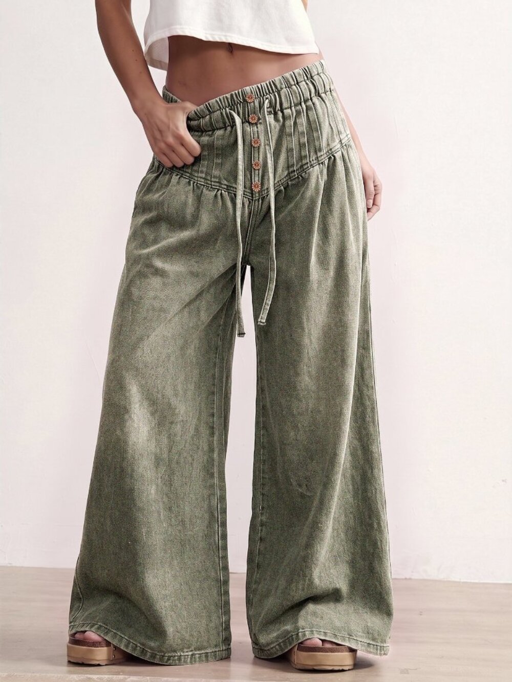Army Green Casual Women's Woven Loose Fit Denim Jeans - Picture 4 of 7